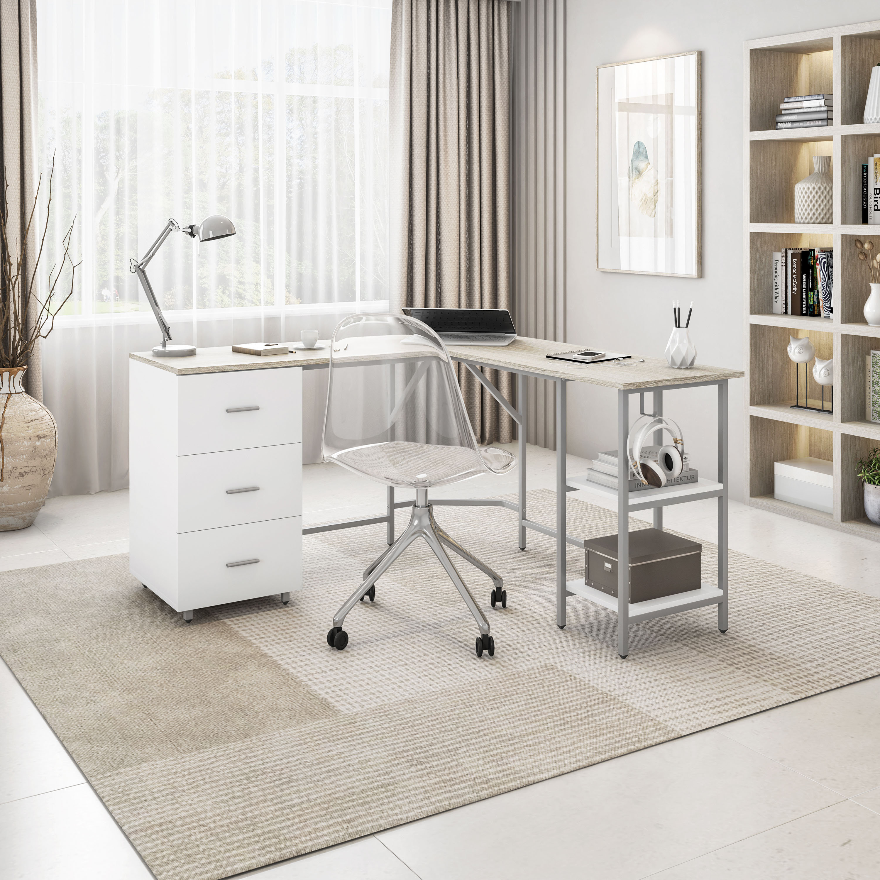 Inbox Zero Jesica L-Shape Desk with Storage Shelves and Inbox Zero Jesica L-Shape Desk with Storage Shelves and